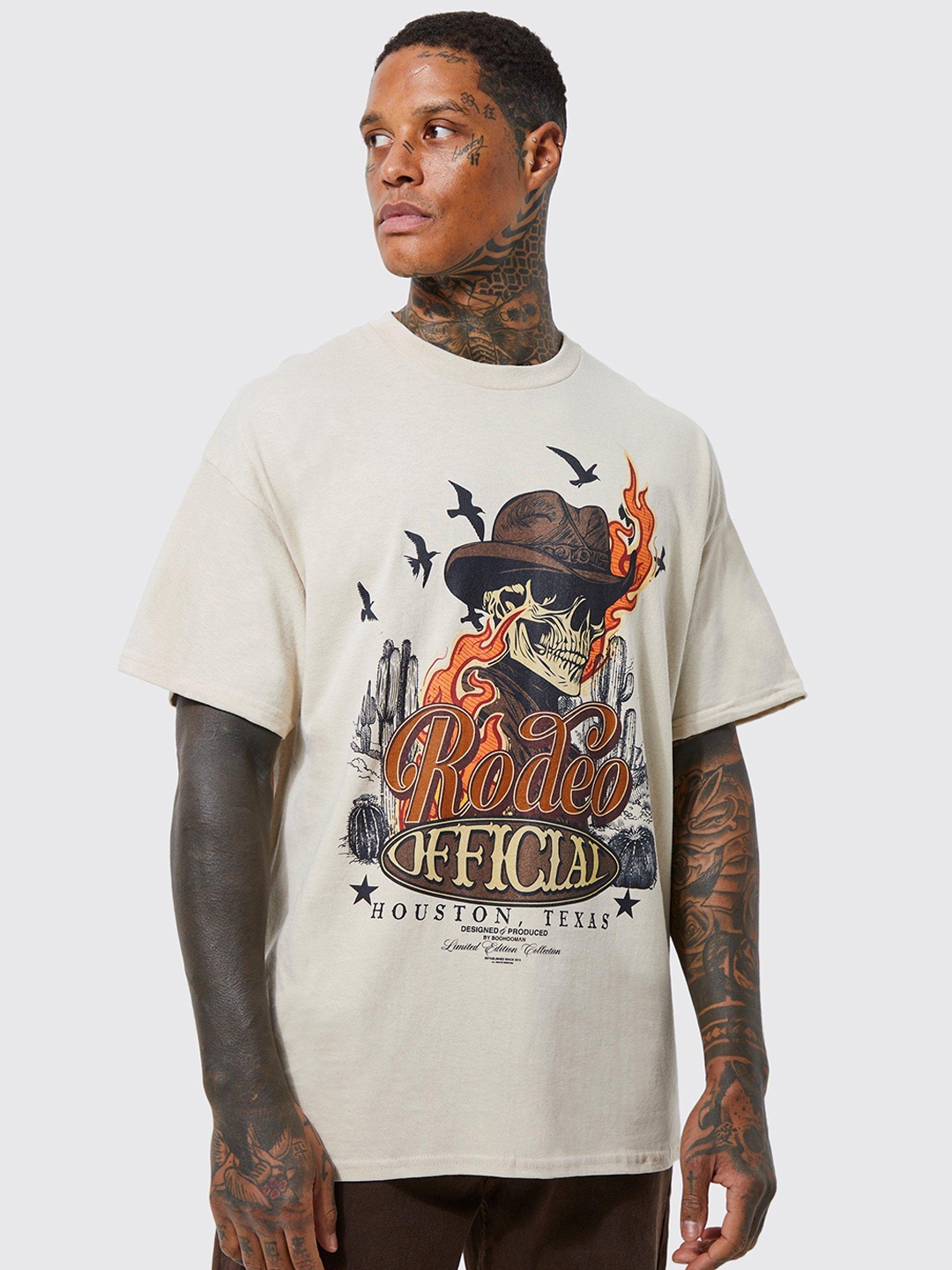 

boohooMAN Pure Cotton Oversized Drop-Shoulder T-shirt, Beige