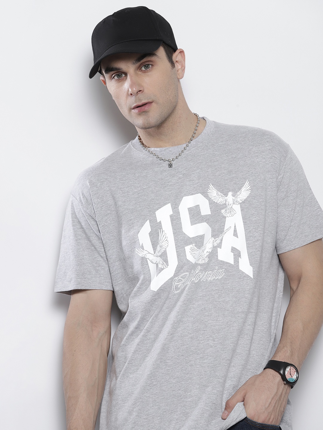 

boohooMAN Typography Printed Pure Cotton Oversized T-shirt, Grey melange