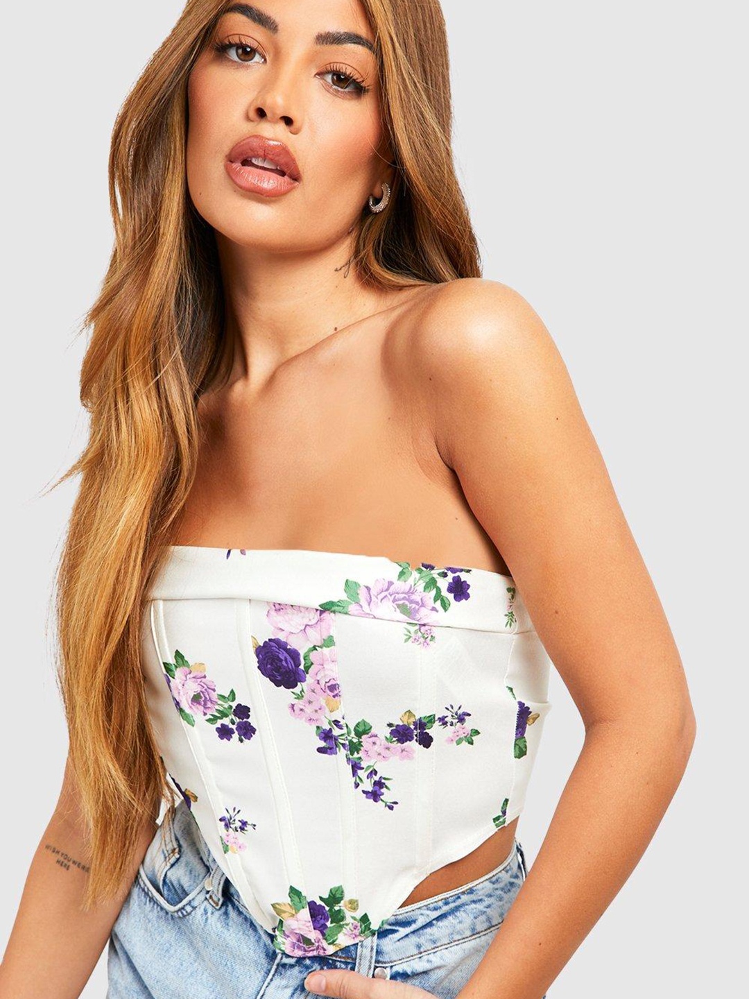 

Boohoo Floral Print Corset Style Crop Top, White