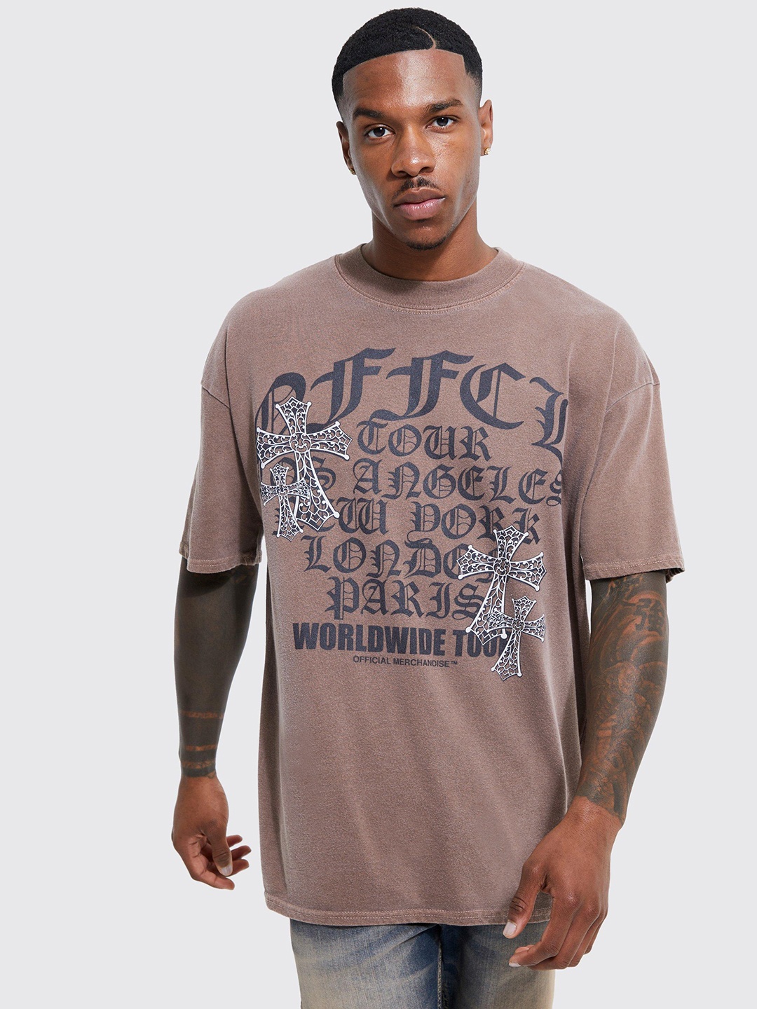 

boohooMAN Printed Oversized Pure Cotton T-shirt, Brown