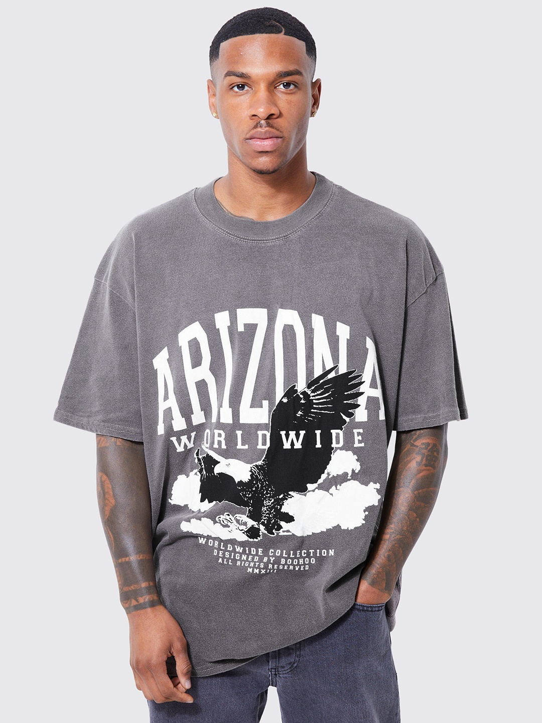 

boohooMAN Pure Cotton Printed Oversized Drop-Shoulder Sleeves T-shirt, Grey