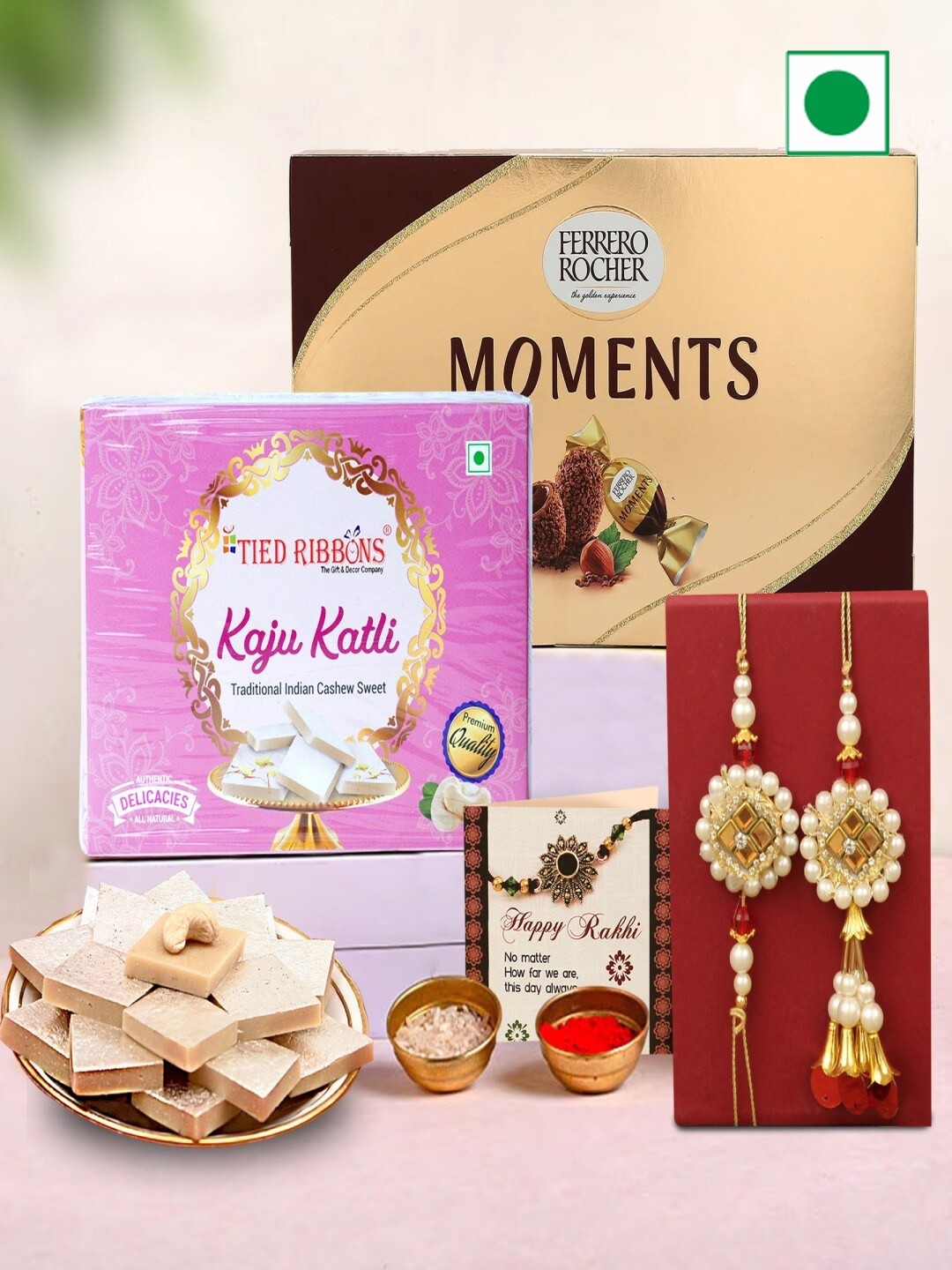 

TIED RIBBONS Lumba Rakhis, Kaju Katli Sweets & Chocolate Hamper 200 gms, White