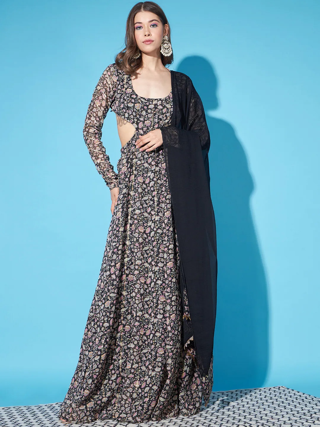 

Cation Black Floral Printed Gotta Patti Cotton Maxi Ethnic Dress With Dupatta