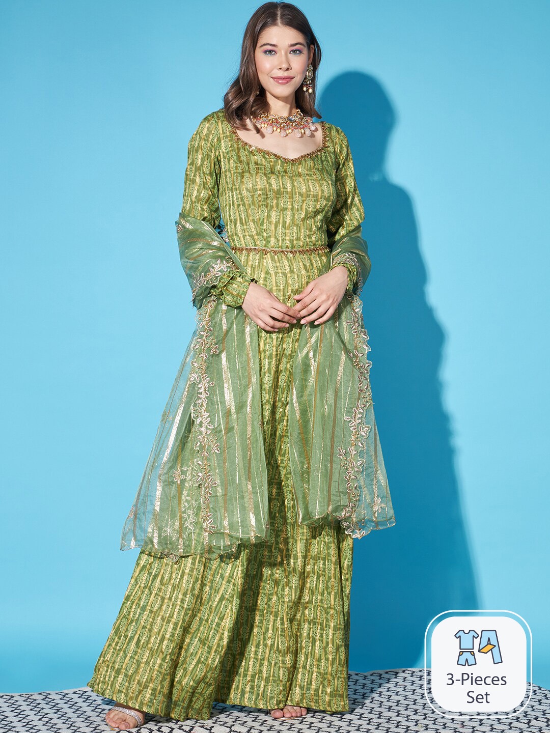 

Cation Embellished Printed Pure Cotton Gown With Organza Dupatta, Green