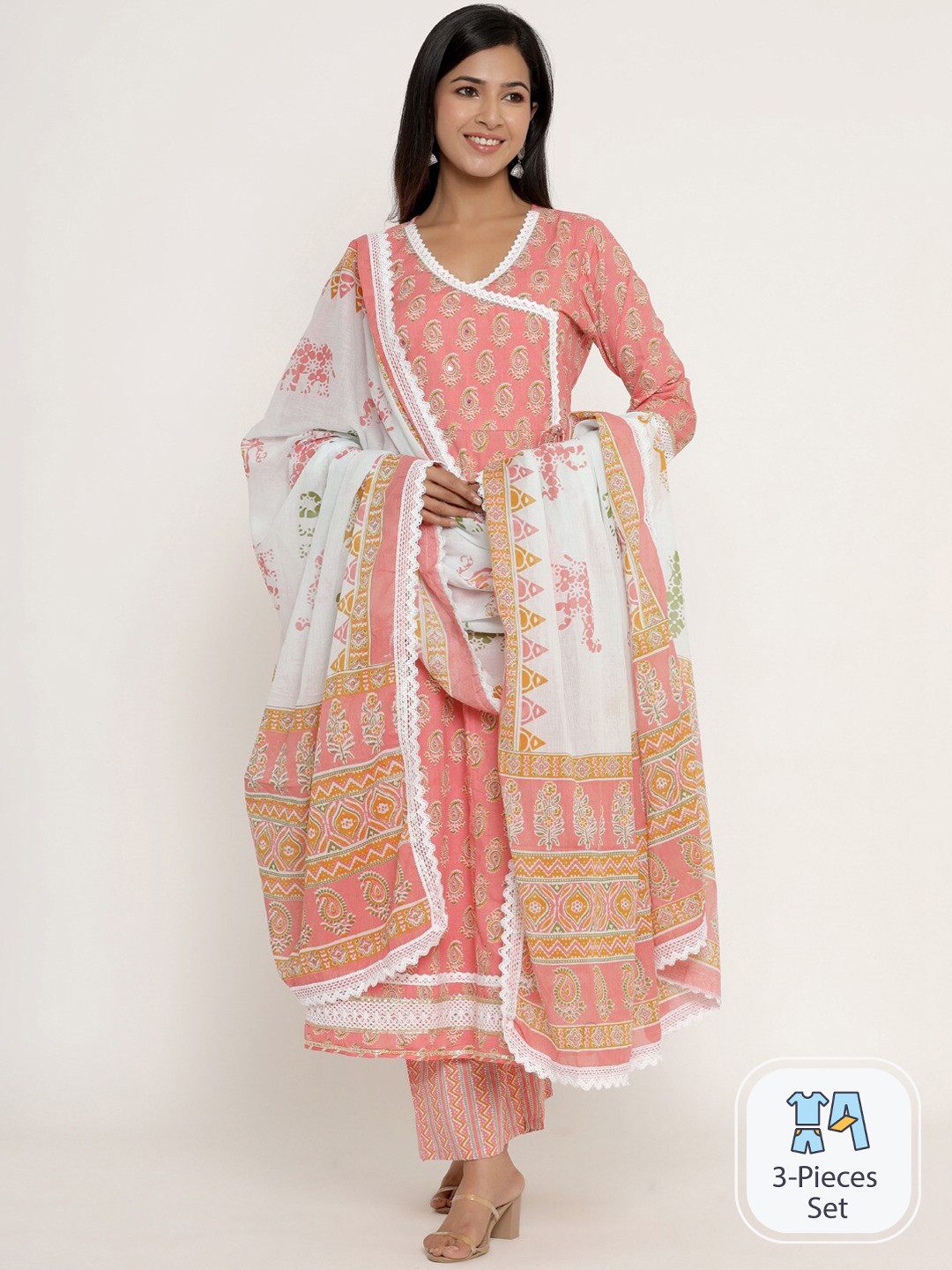 

CELEBRAVO Floral Printed Angrakha Pure Cotton Anarkali Kurta With Trousers & Dupatta, Pink