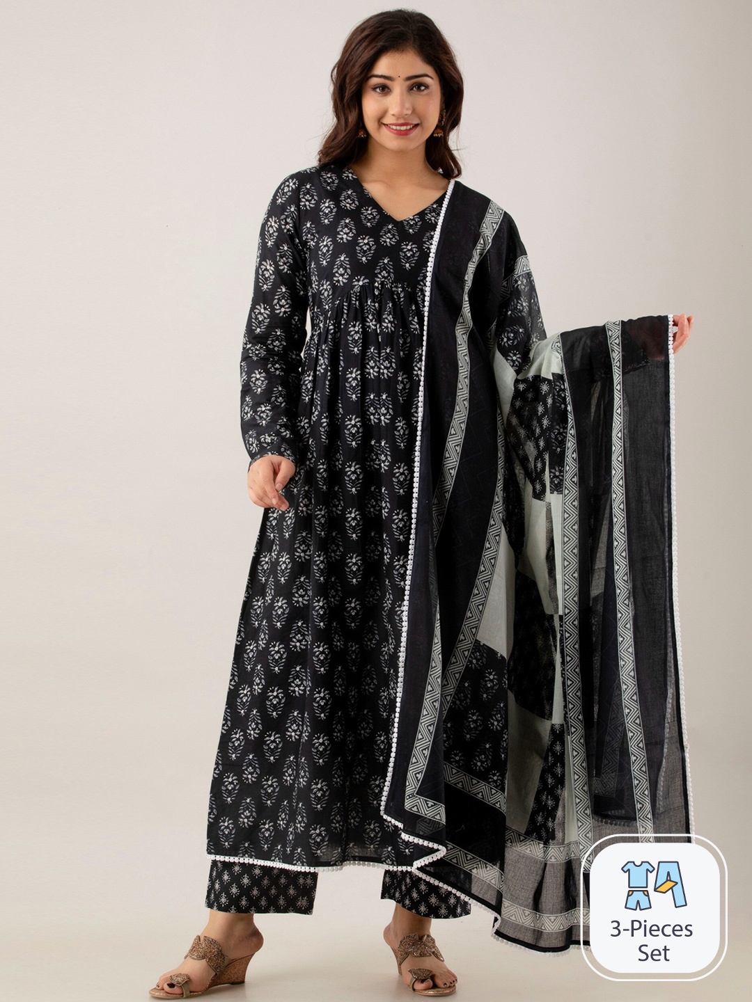 

CELEBRAVO Floral Printed Empire Pure Cotton A-Line Kurta With Trousers & Dupatta, Black
