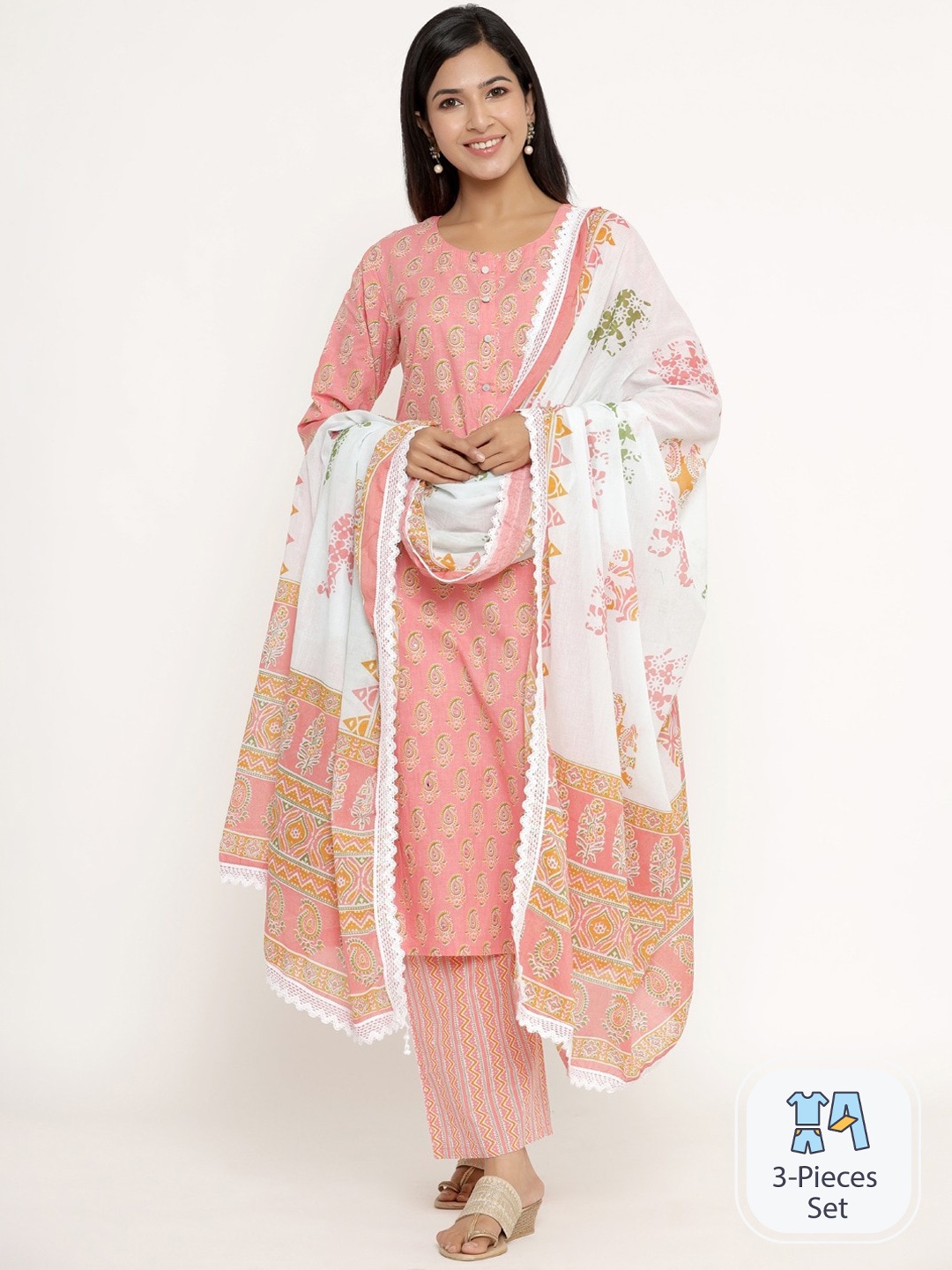 

CELEBRAVO Ethnic Motifs Printed Pure Cotton Straight Kurta With Trousers & Dupatta, Pink