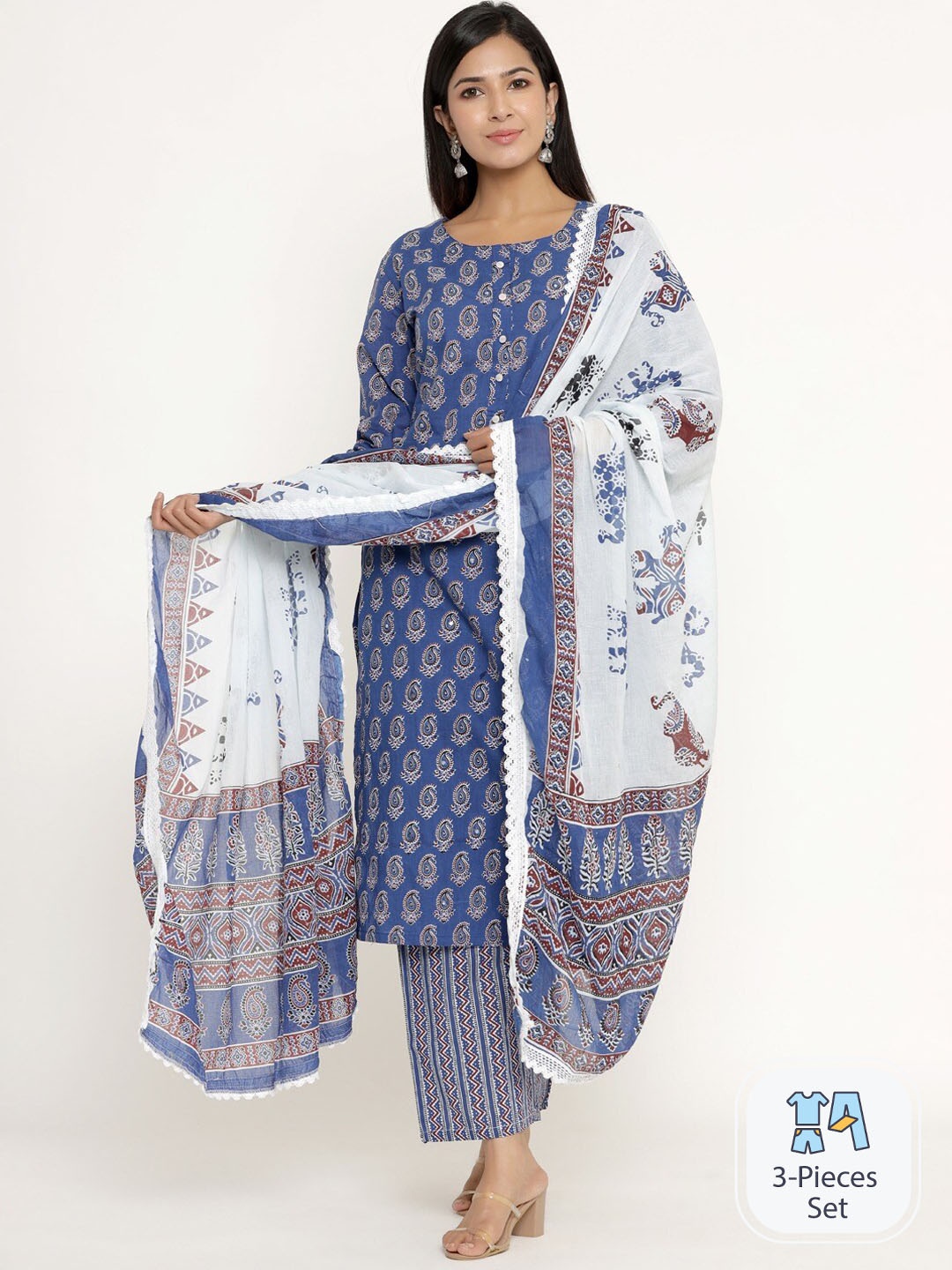

CELEBRAVO Ethnic Motifs Printed Pure Cotton Straight Kurta With Trousers & Dupatta, Blue