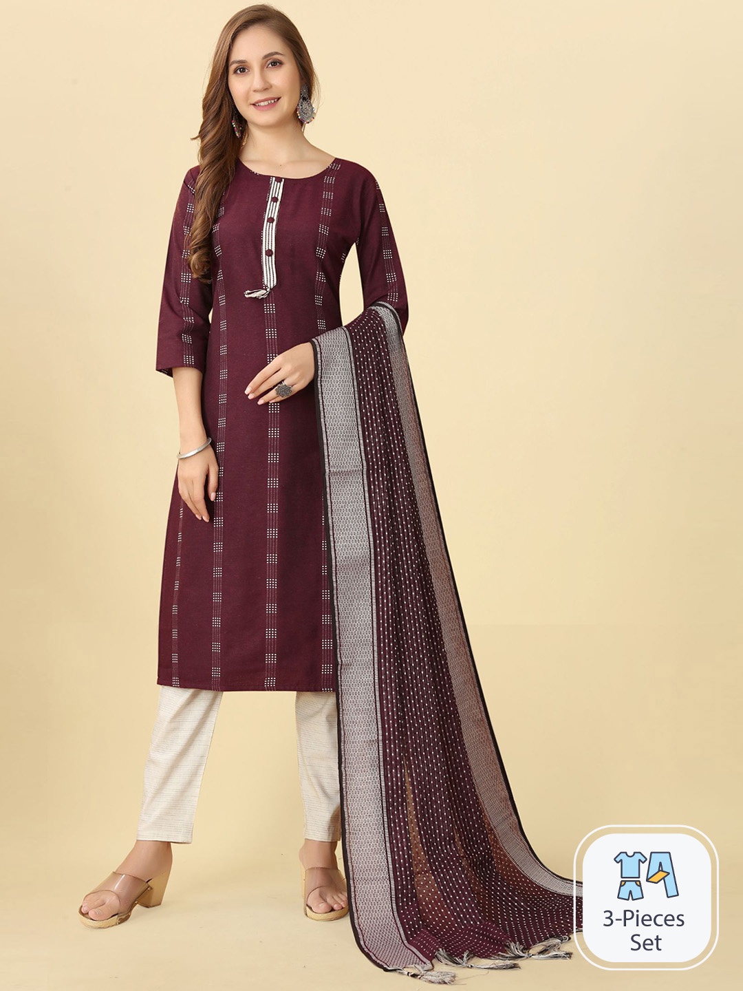 

Bridha Woven Design Regular Kurta With Trousers & Dupatta, Burgundy