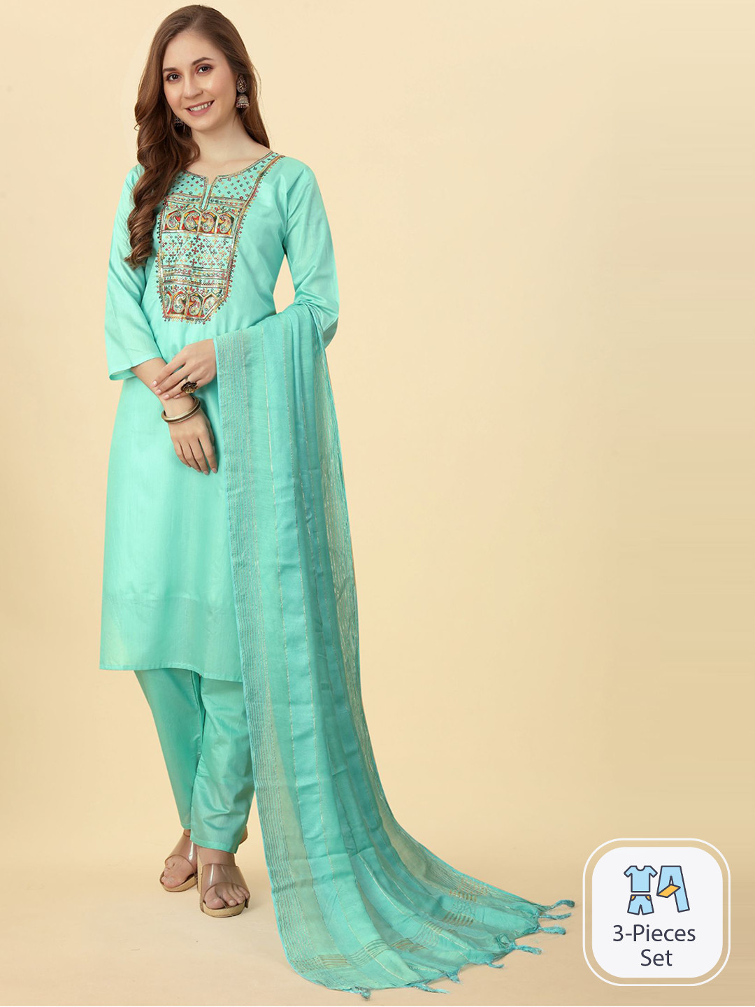 

Bridha Ethnic Motifs Yoke Design Sequinned Chanderi Silk Kurta With Trousers & Dupatta, Turquoise blue