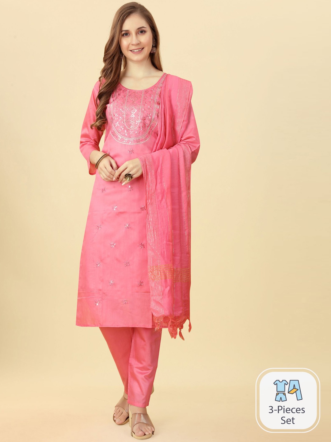

Bridha Ethnic Motifs Embroidered Kurta With Trousers & Dupatta, Pink
