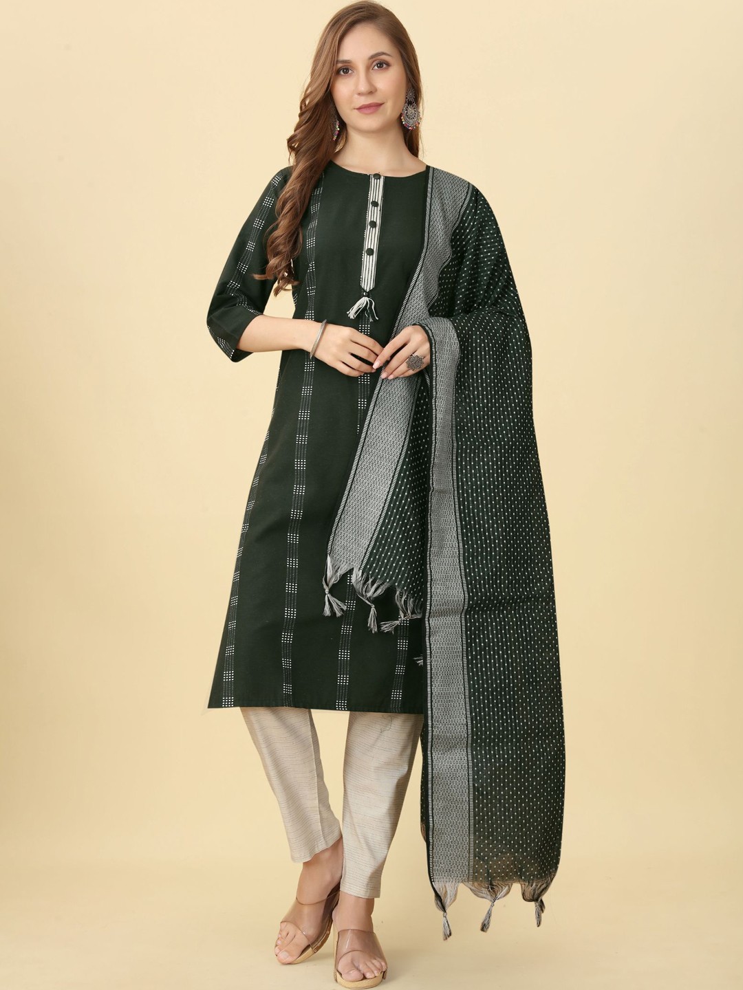 

Bridha Woven Design Kurta With Trousers & Dupatta, Green