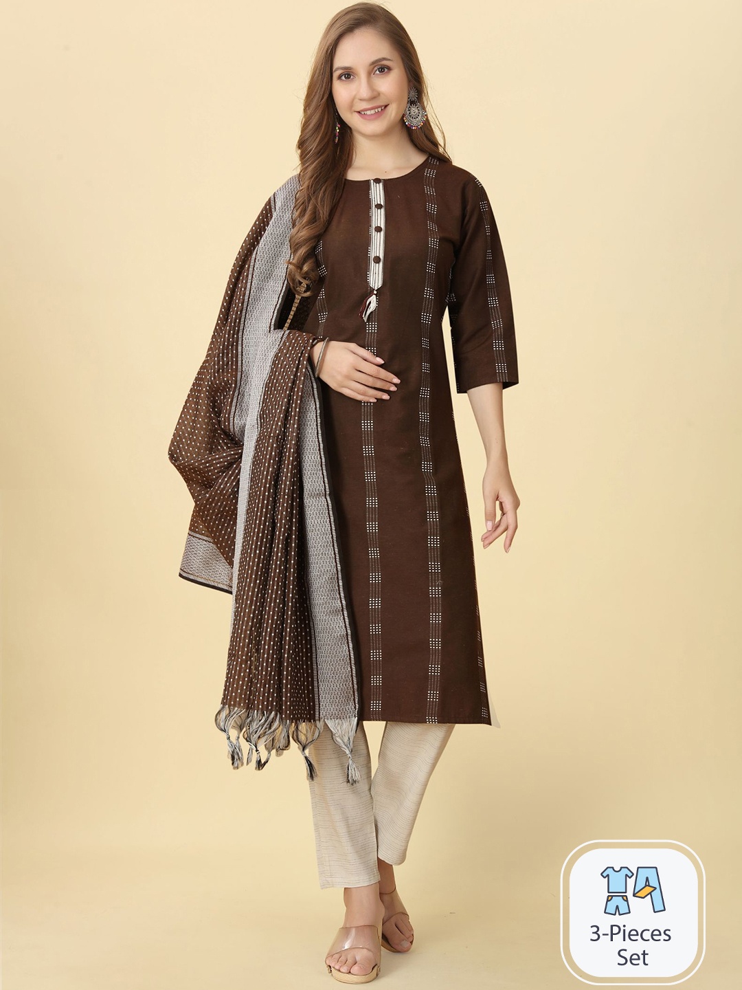 

Bridha Woven Design Regular Kurta With Trousers & Dupatta, Brown