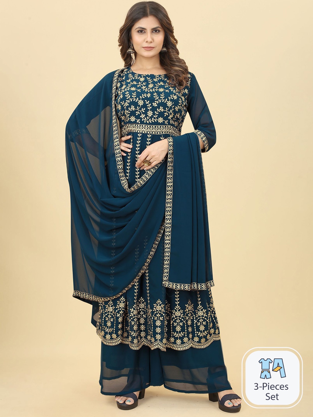 

Bridha Floral Embroidered Anarkali Kurta With Palazzos & With Dupatta, Teal