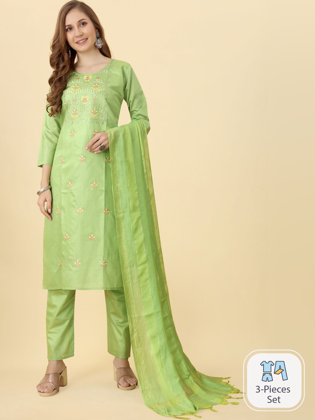 

Bridha Floral Embroidered Mirror Work Kurta With Trousers & Dupatta, Green