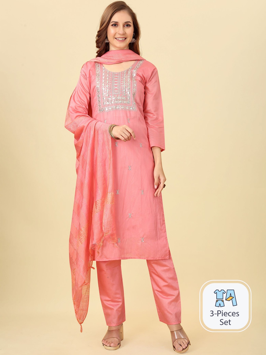 

Bridha Ethnic Motifs Embroidered Sequinned Chanderi Silk Kurta With Trousers & Dupatta, Pink