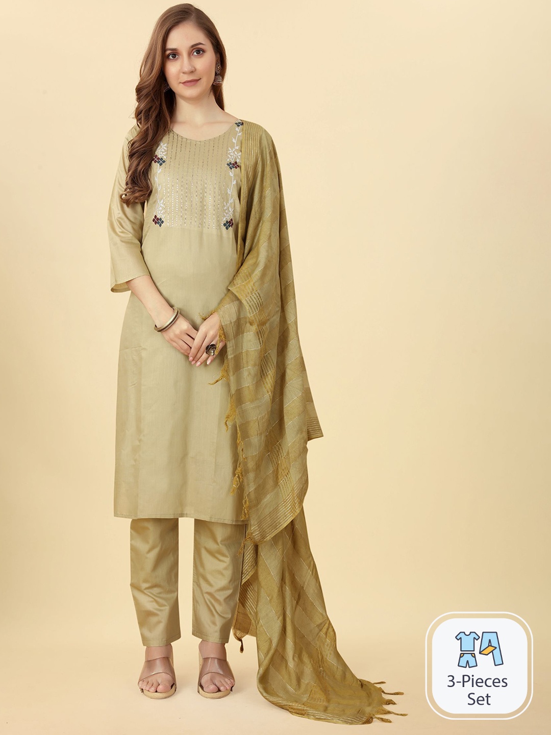 

Bridha Ethnic Motifs Embroidered Yoke Design Sequinned Kurta with Trousers & With Dupatta, Beige