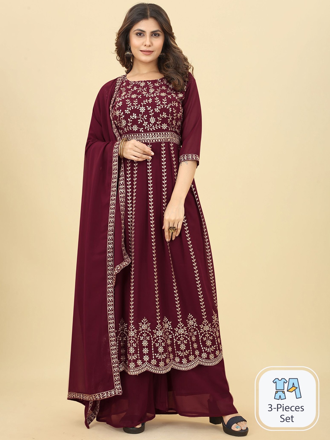 

Bridha Floral Embroidered Anarkali Kurta With Palazzos & With Dupatta, Maroon