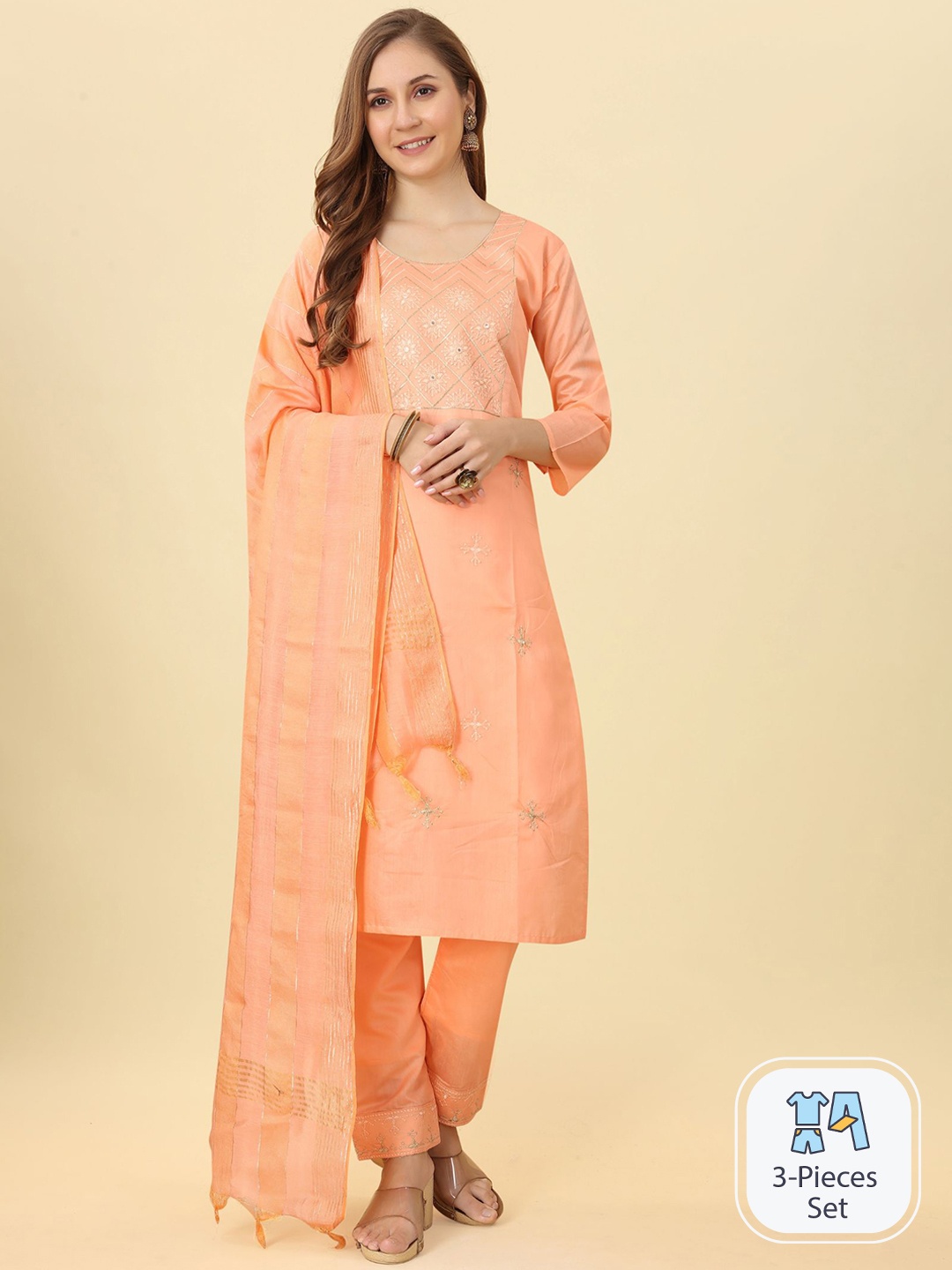 Bridha Ethnic Motifs Embroidered Regular Mirror Work Kurta With Trousers & Dupatta, Peach
