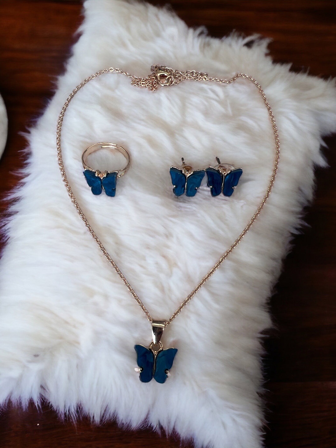 

MYKI Rose Gold-Plated CZ-Studded Necklace & Earring with Finger Ring Set, Blue