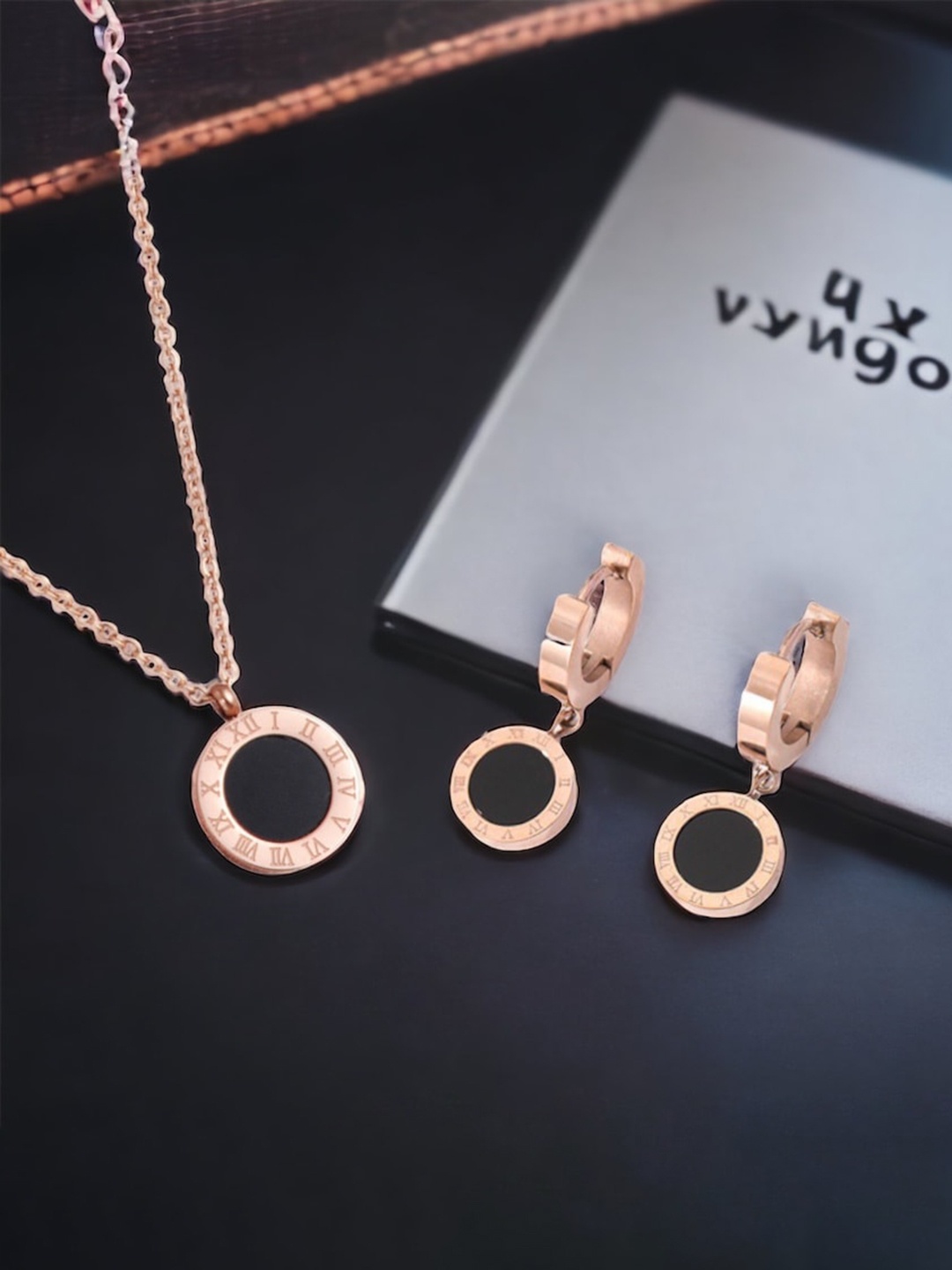 

MYKI Rose Gold-Plated CZ-Studded Pendant With Earrings