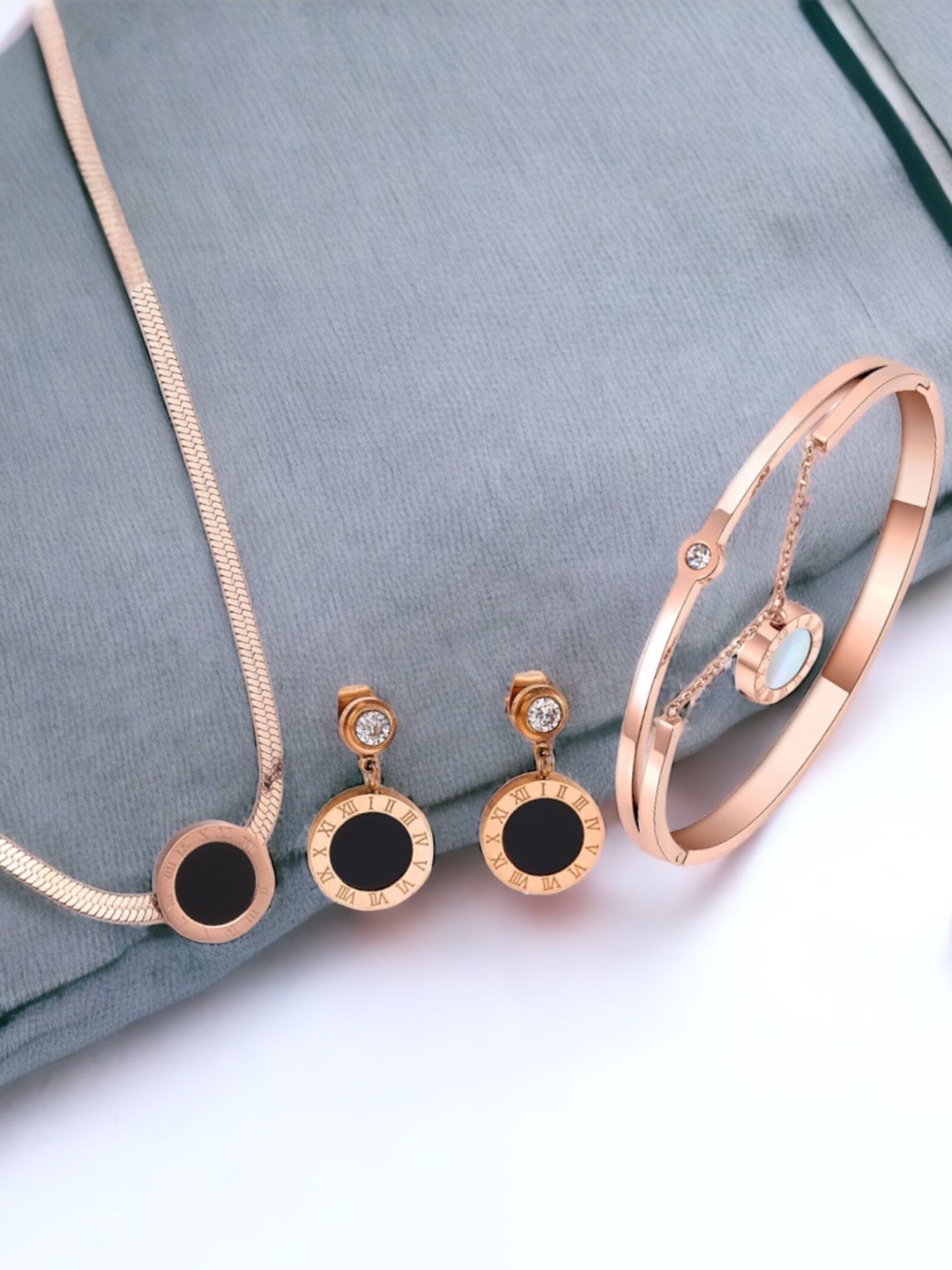 

MYKI Set Of 3 Rose Gold Plated CZ Stone Studded Sweet Roman Jewellery Set