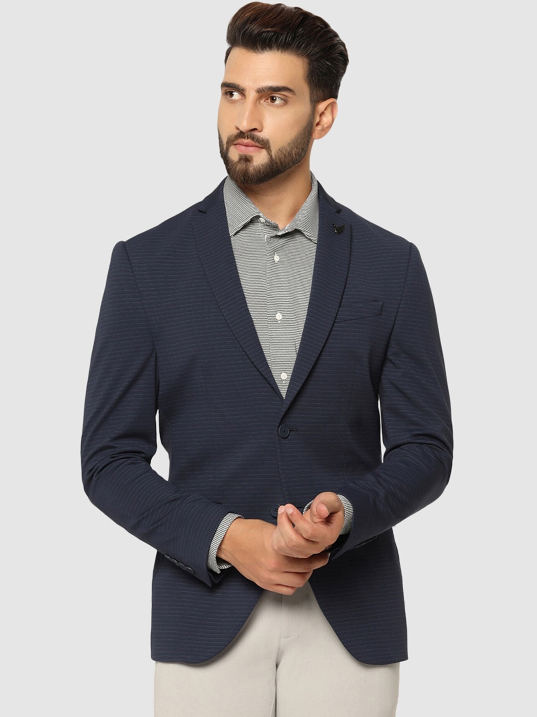 

Blackberrys Men Striped Slim Fit Single-Breasted Formal Blazers, Blue