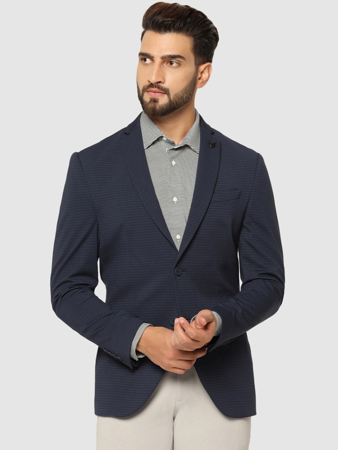 

Blackberrys Striped Slim Fit Single-Breasted Blazer, Navy blue