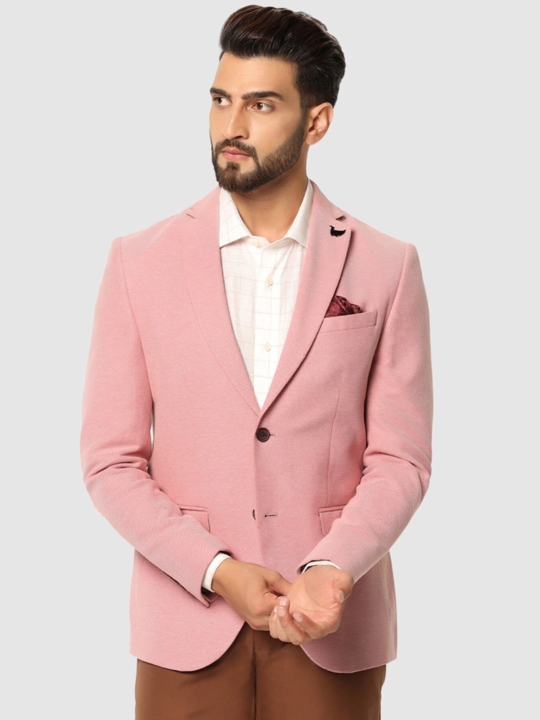 

Blackberrys Men Self Design Single-Breasted Pure Cotton Slim Fit Blazer, Pink