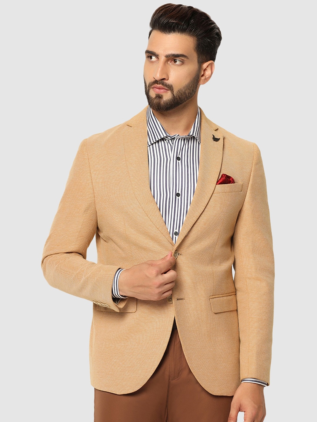 

Blackberrys Men Single-Breasted Pure Cotton Slim Fit Blazers, Gold