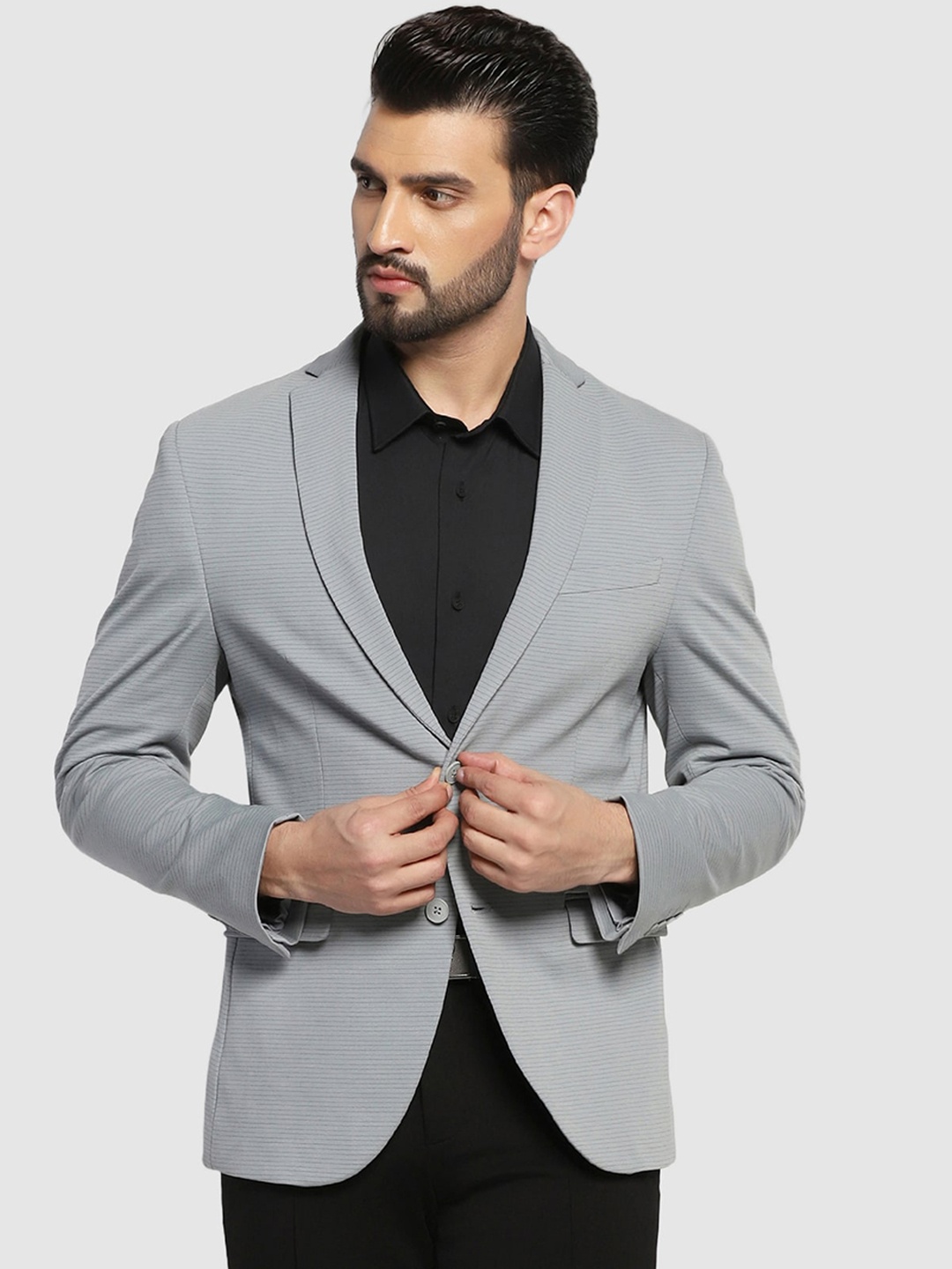 

Blackberrys Men Formal Grey Striped TechPro Blazer