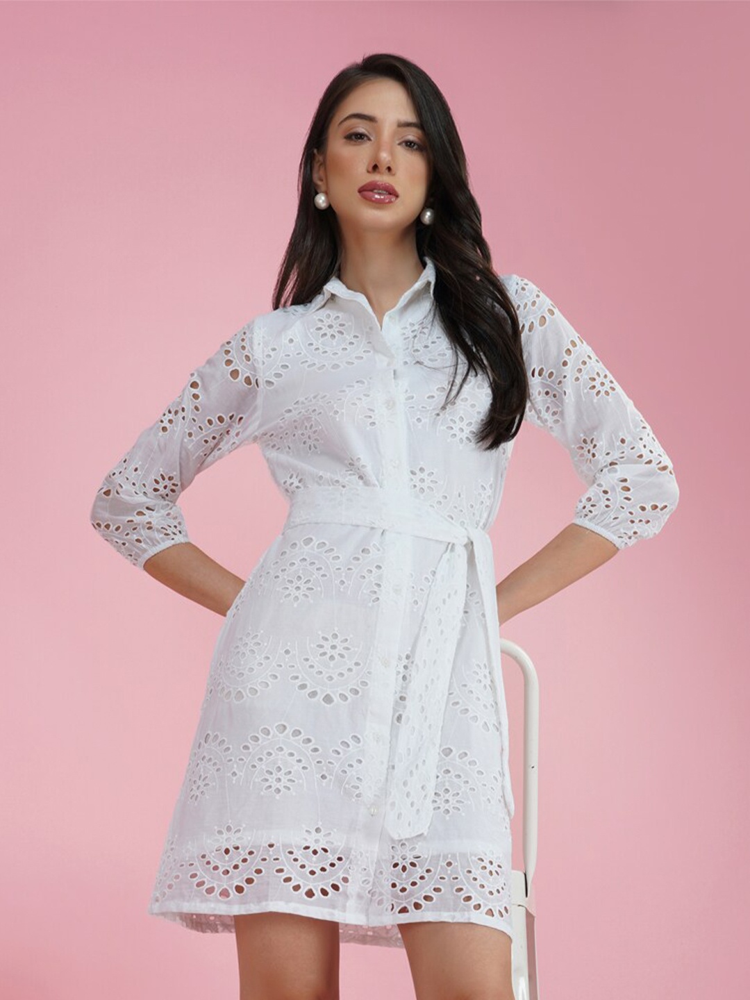 

DELAN Self Design Shirt Collar Tie-Up Cotton Schiffli Shirt Dress, White