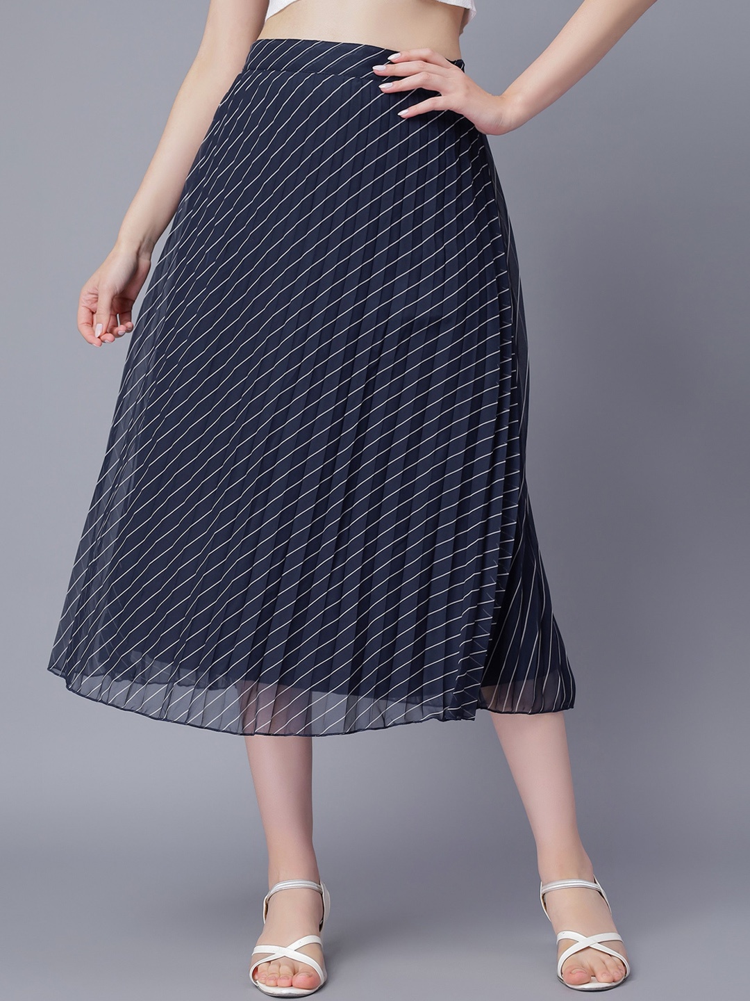 

NUEVOSDAMAS Striped Accordion Pleats Georgette A-Line Midi Skirt, Navy blue