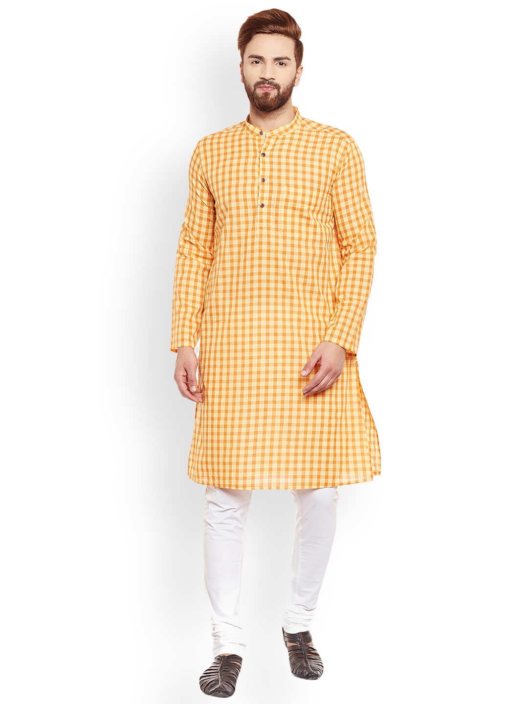 

even Men Yellow Checked A-Line Kurta