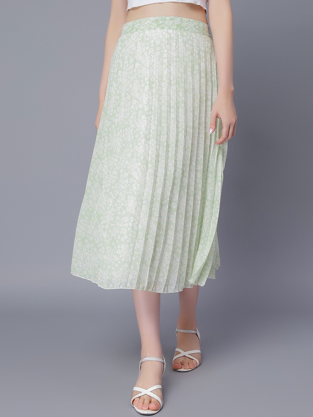 

NUEVOSDAMAS Floral Printed Accordion Pleats Georgette A-Line Midi Skirt, Green