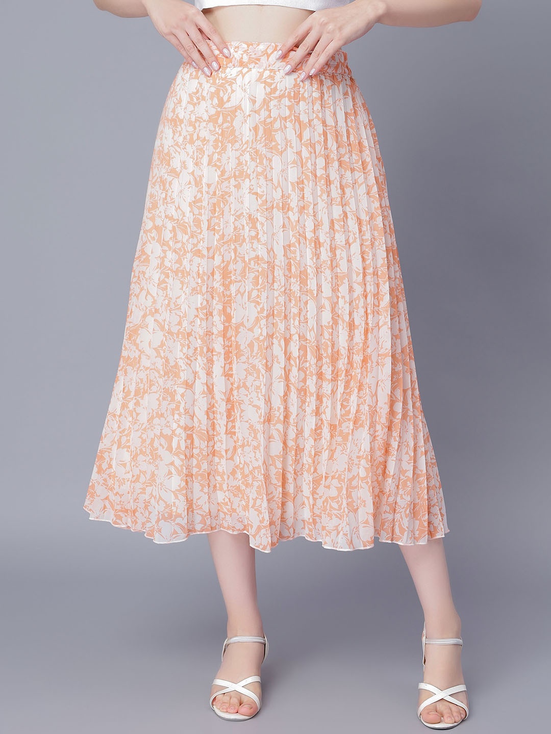 

NUEVOSDAMAS Floral Printed Accordion Pleats Georgette A-Line Midi Skirt, Orange