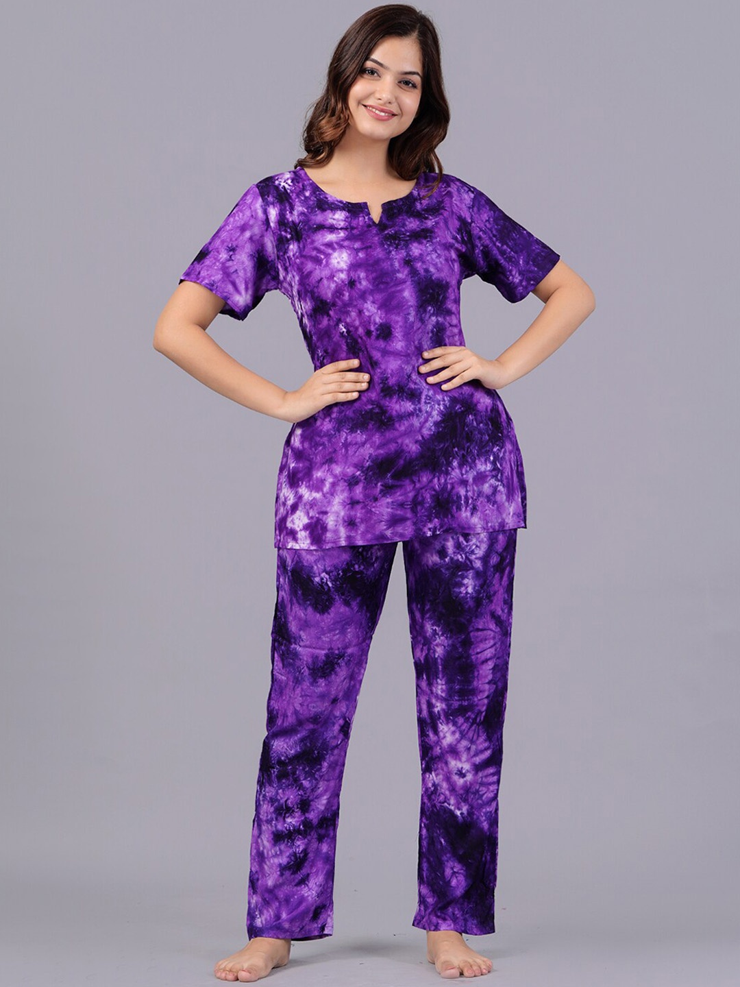 

Bachuu Tie and Dye Round Neck Night suit, Purple