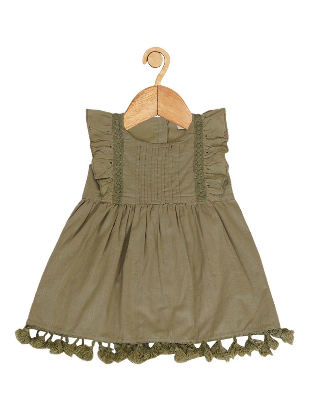 

Creative Kids Infant Girls Ruffled Round Neck Cotton A-Line Dress, Olive
