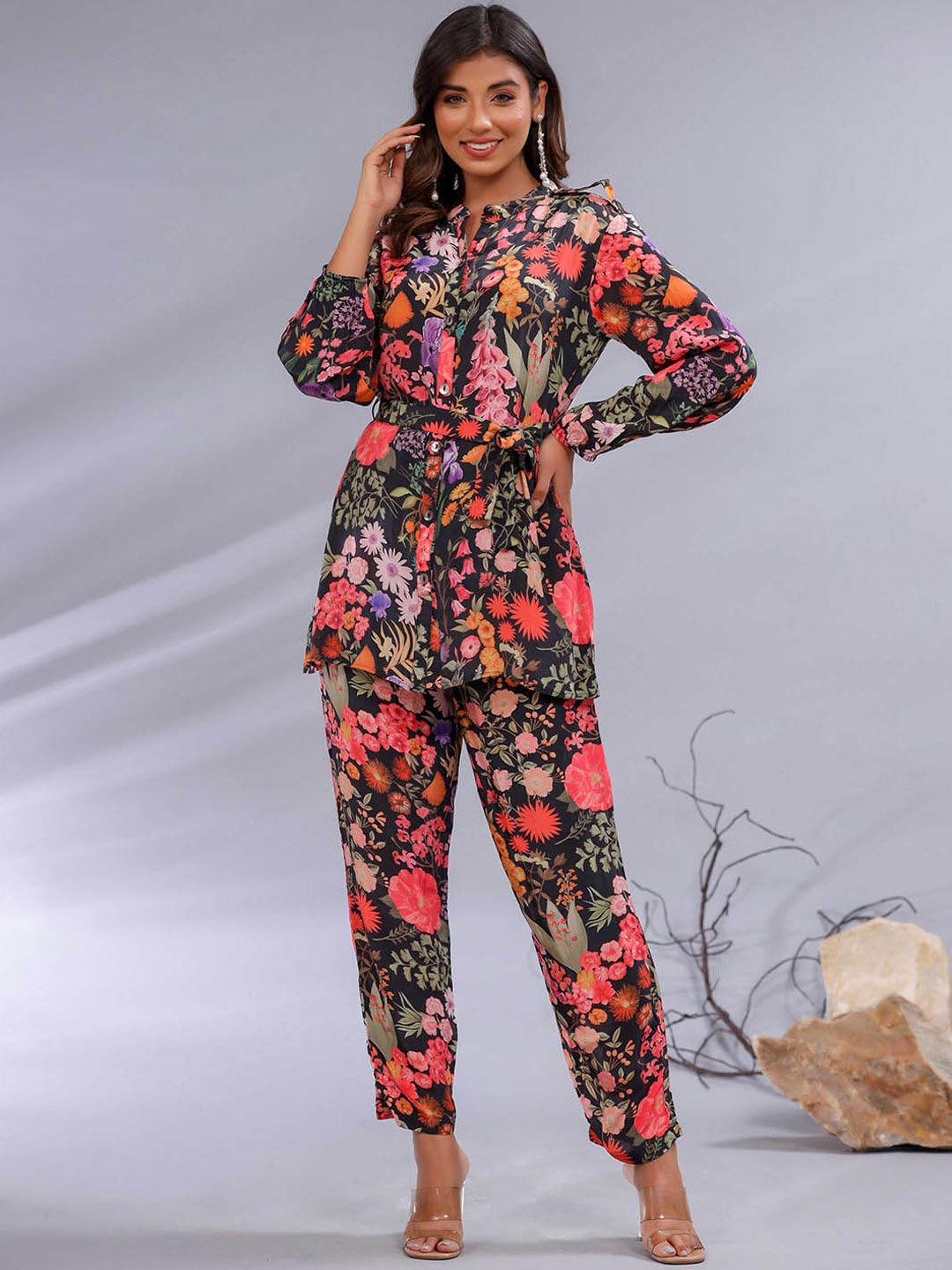 

Meena Bazaar Floral Printed Crepe Top & Trouser, Black