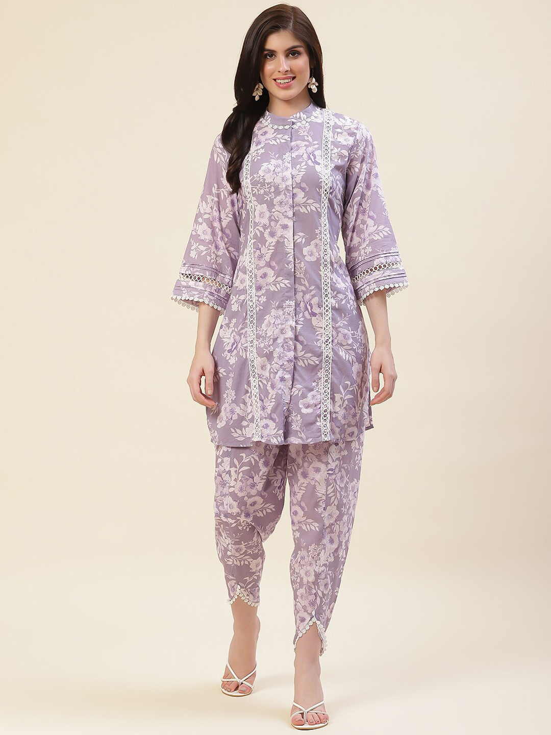 

Meena Bazaar Floral Printed Regular Kurta with Dhoti Pants, Grey