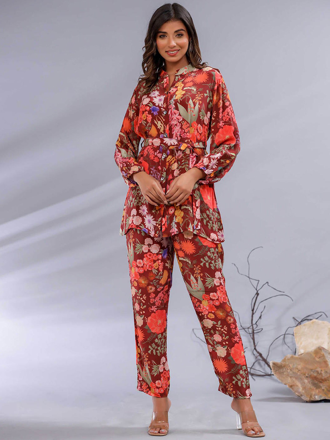 

Meena Bazaar Floral Printed Tie-Up Tunic and Trousers, Maroon
