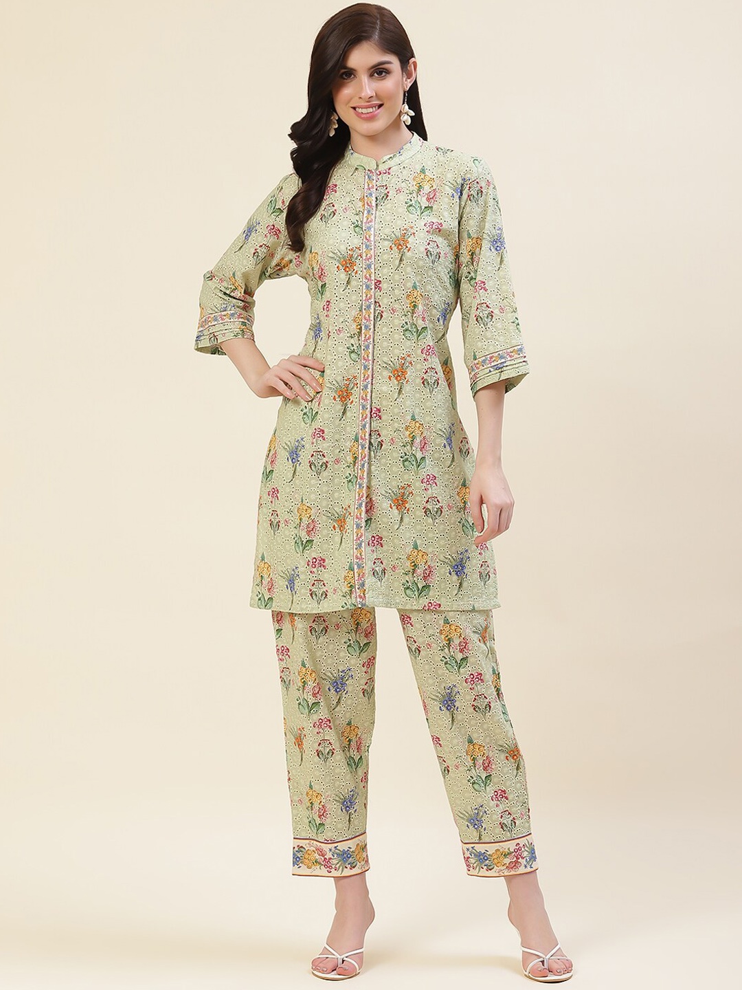 

Meena Bazaar Floral Printed Regular Kurti with Trousers, Green