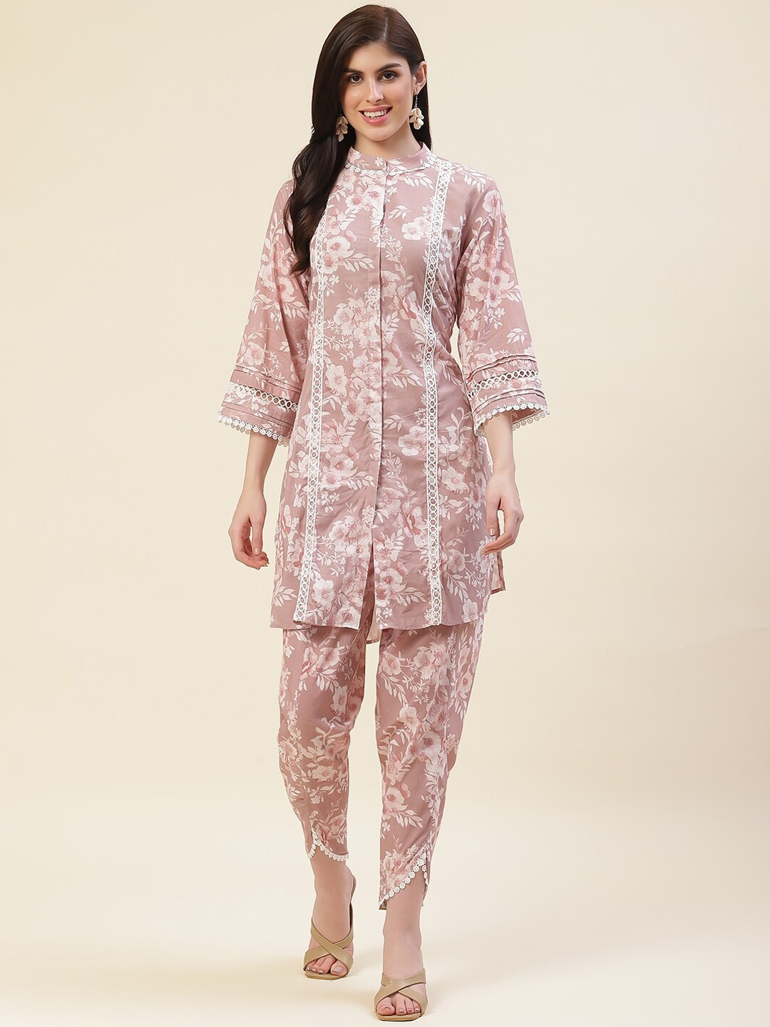

Meena Bazaar Floral Printed Regular Kurti with Dhoti Pants, Brown