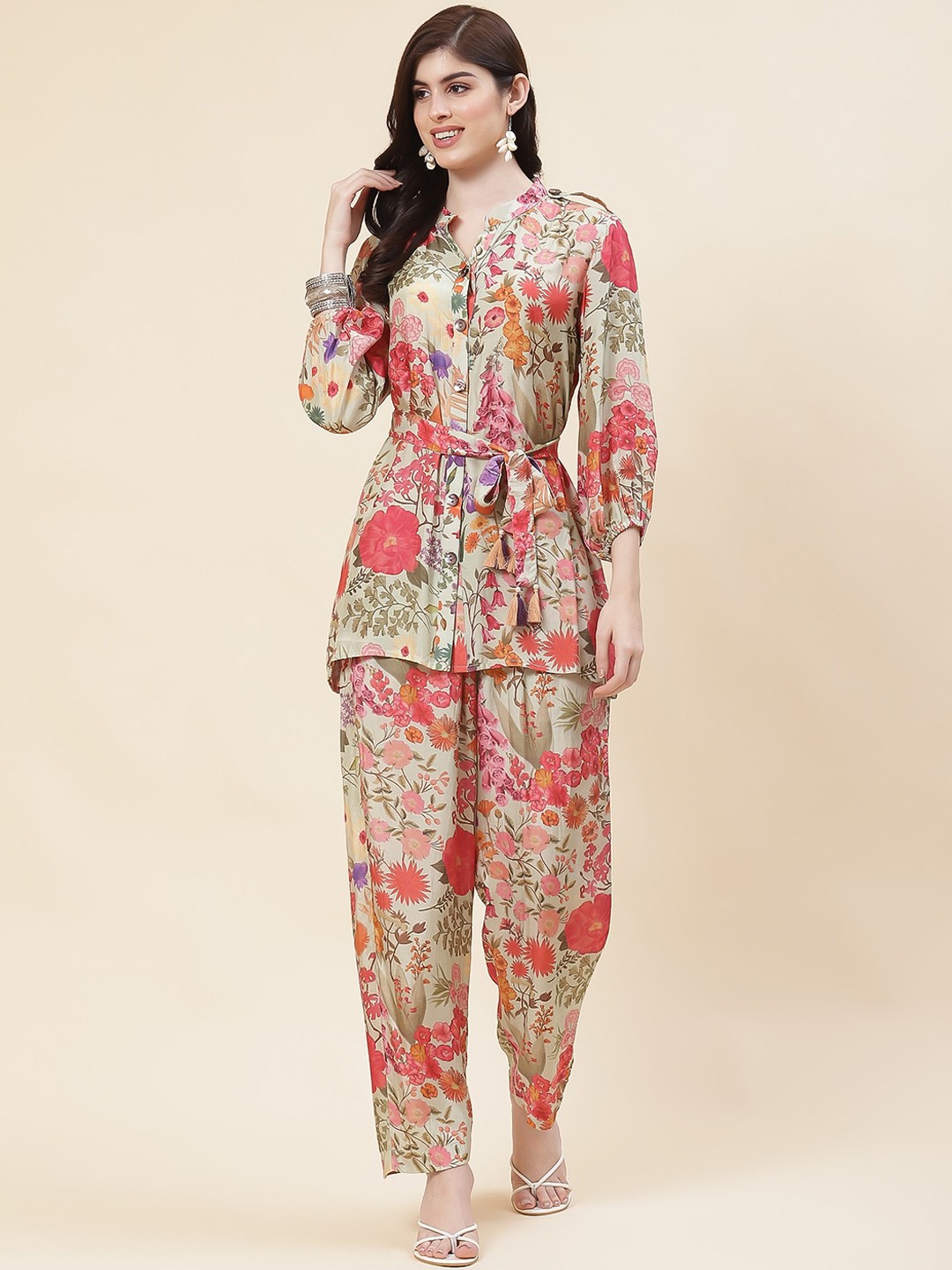 

Meena Bazaar Floral Printed Crepe Top & Trouser, Beige