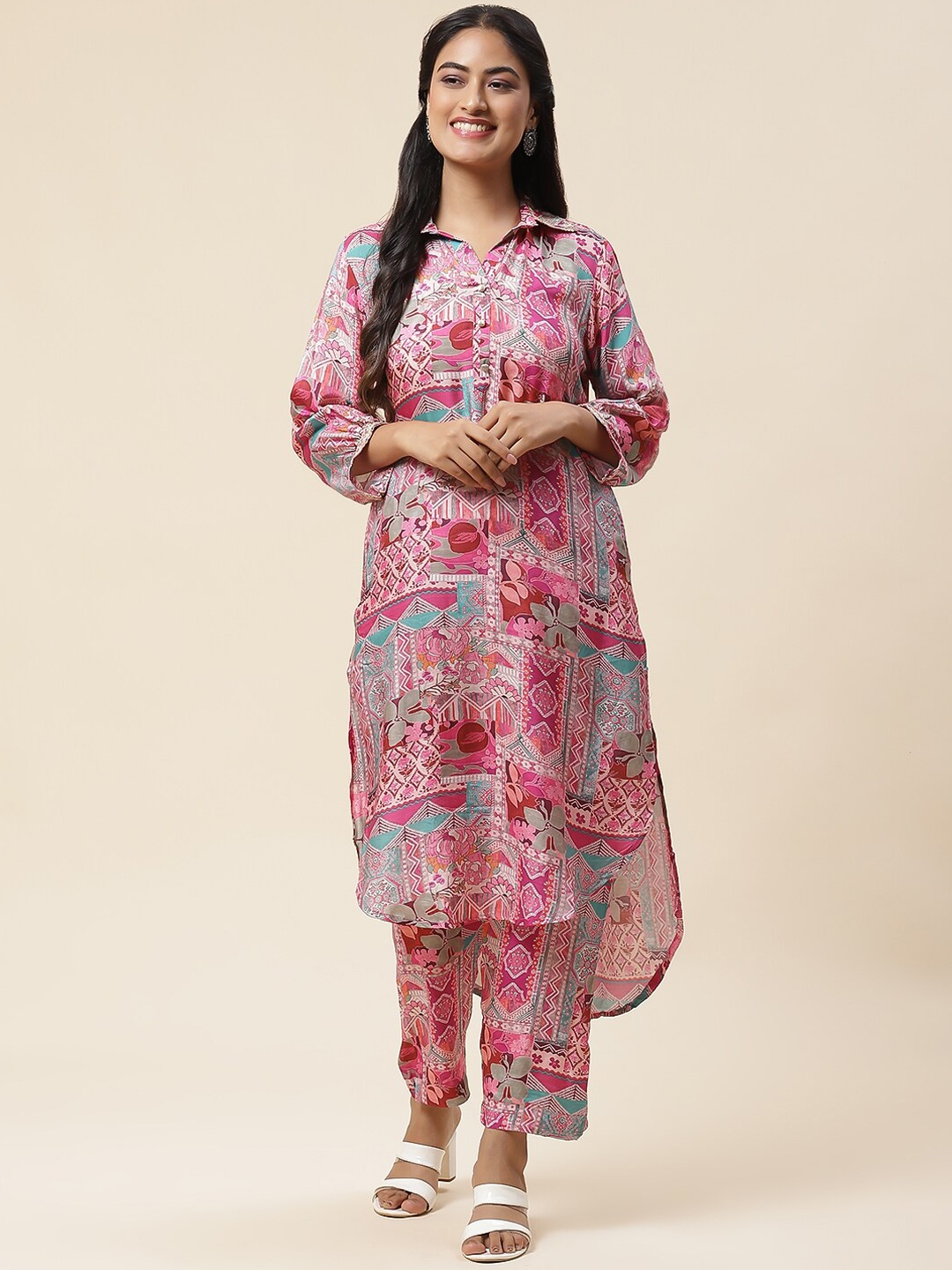 

Meena Bazaar Floral Printed Shirt Collar Kurta with Trousers, Pink