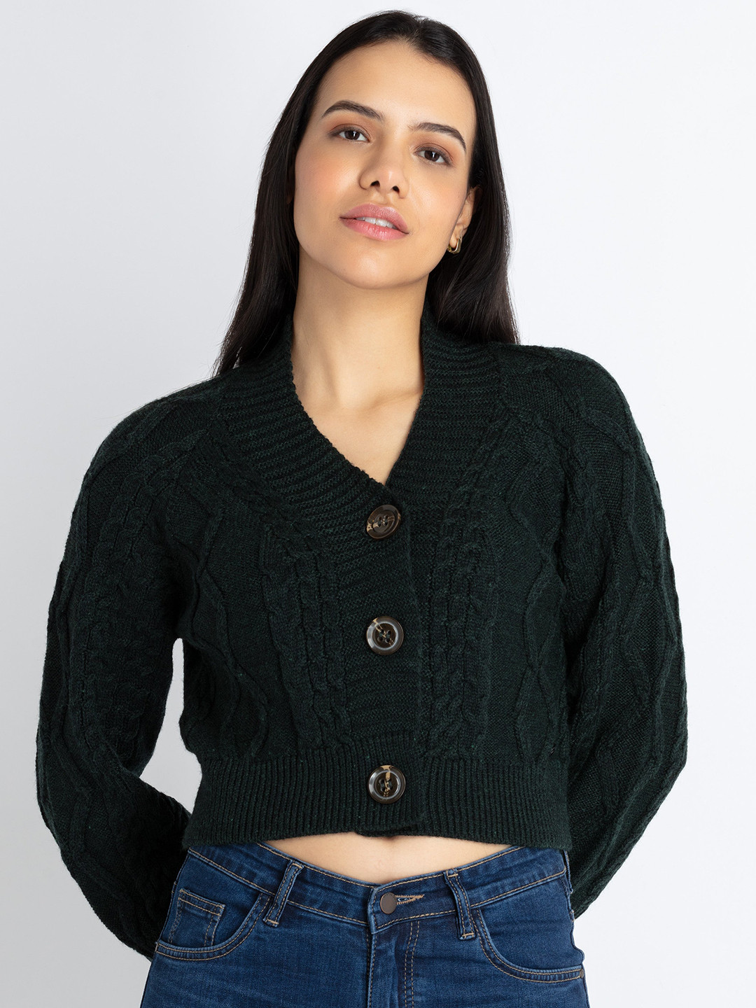 

Status Quo Cable Knit Self Design Cardigan, Green