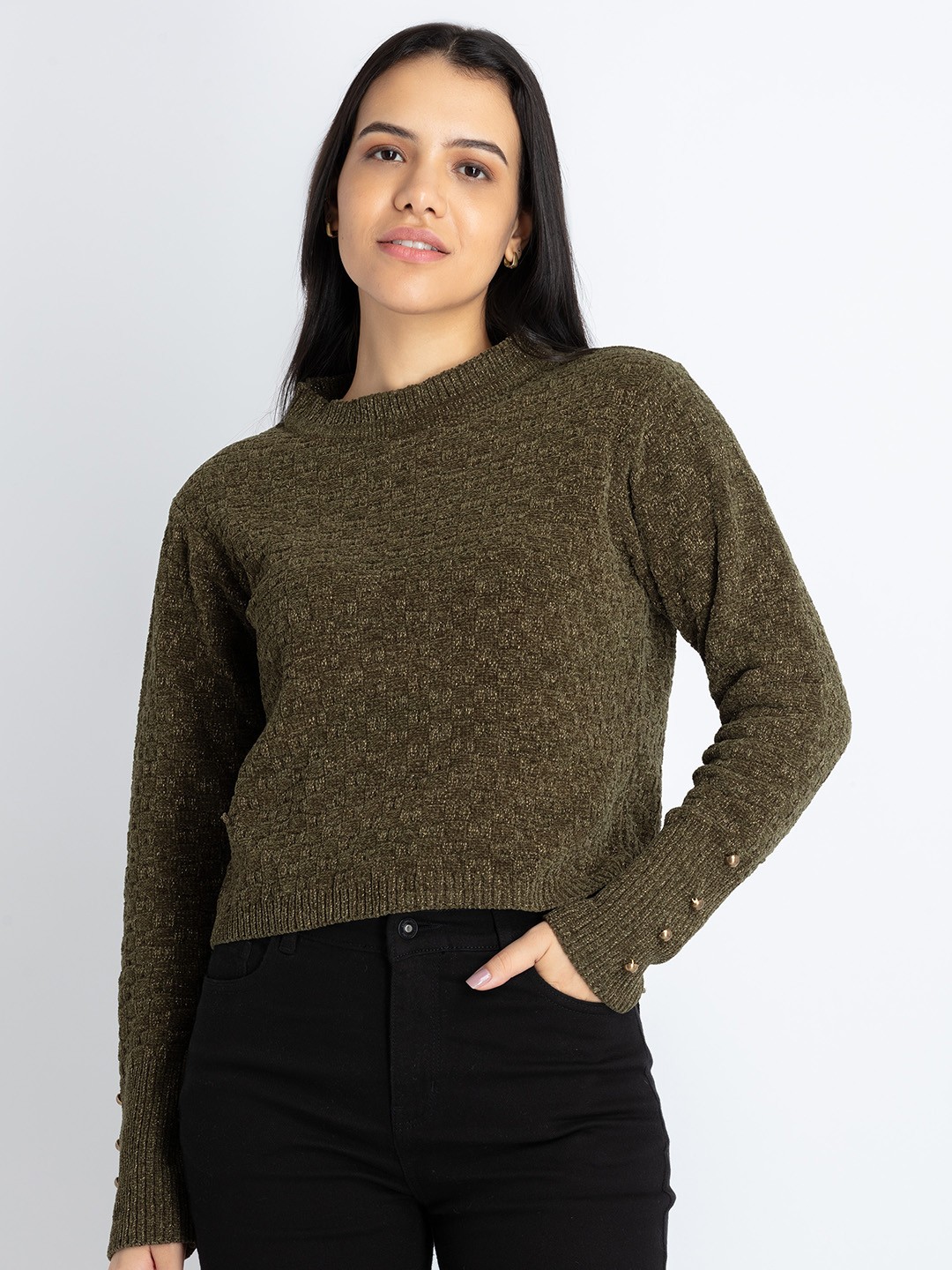 

Status Quo Cable Knit Self Design Acrylic Crop Pullover, Olive