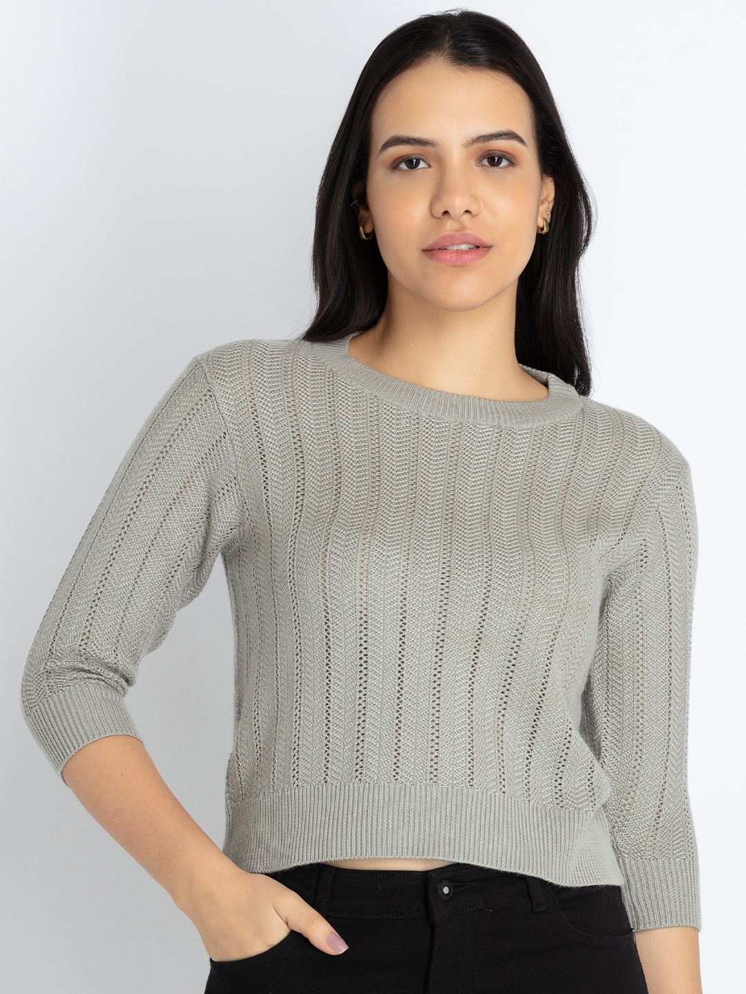 

Status Quo Open Knit Self Design Pullover Sweater, Grey