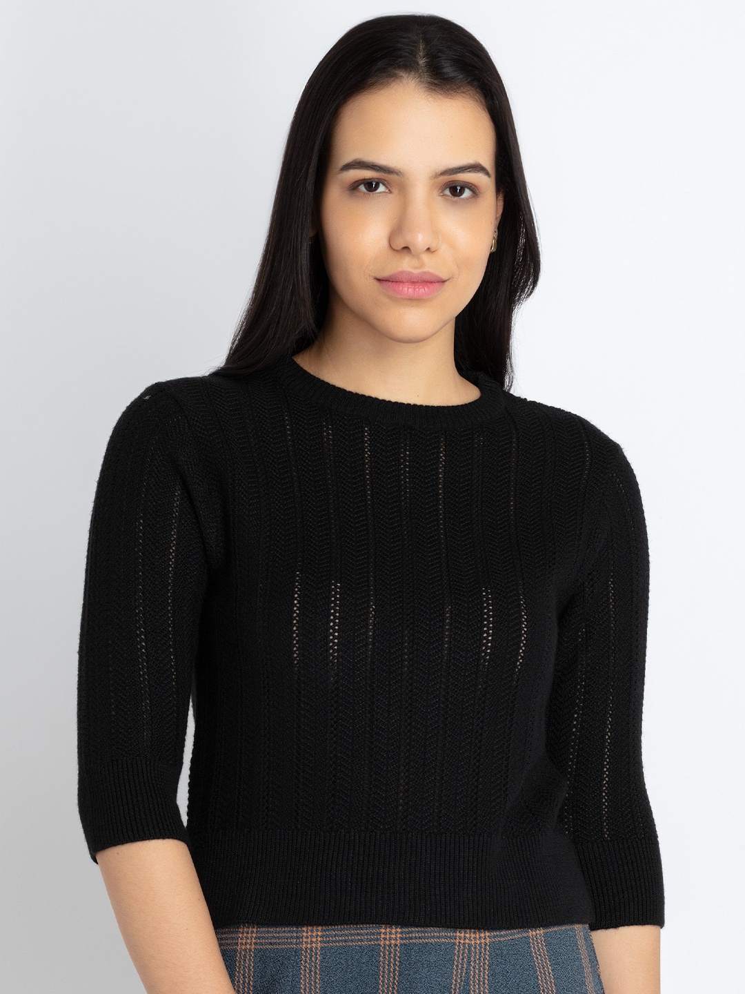 

Status Quo Self Design Open Knit Pullover, Black