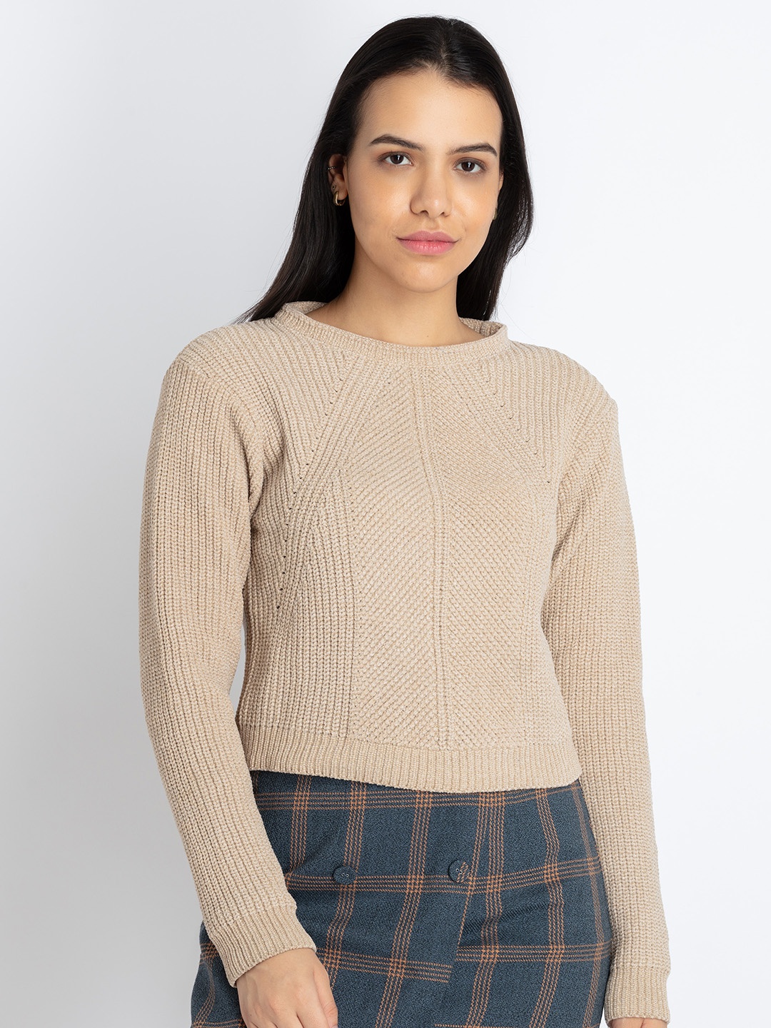 

Status Quo Cable Knit Self Design Crop Pullover Sweater, Beige
